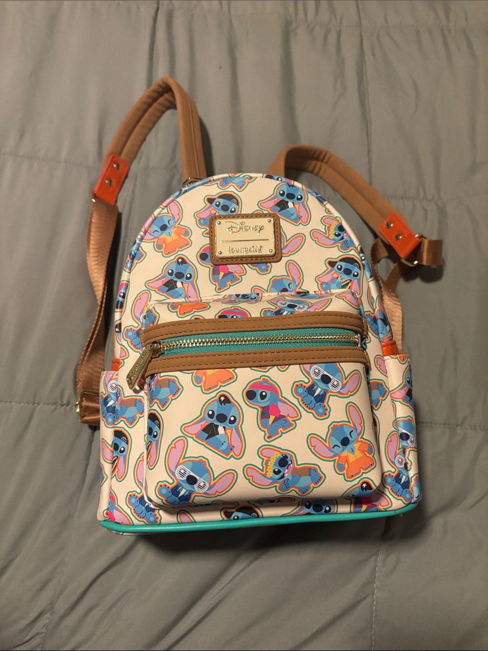 Loungefly Cream Mini Backpack with Multicolor Stitch Pattern